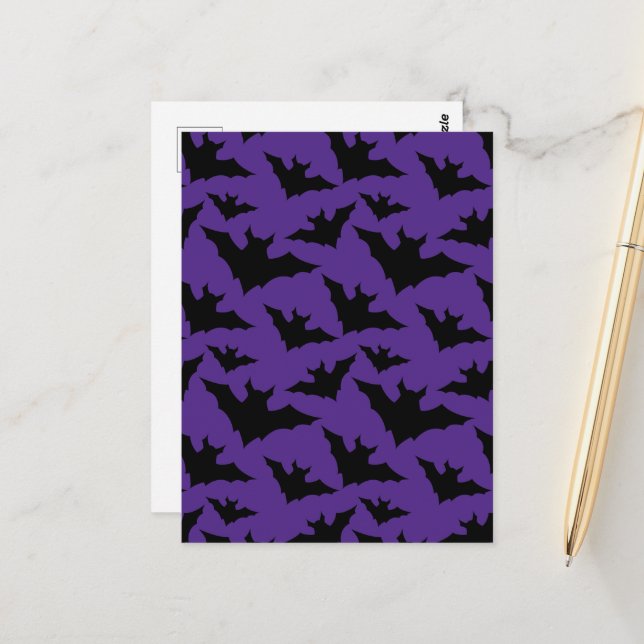 Postal Halloween negro murciélago morado fresco patrón de (Anverso/Reverso In Situ)