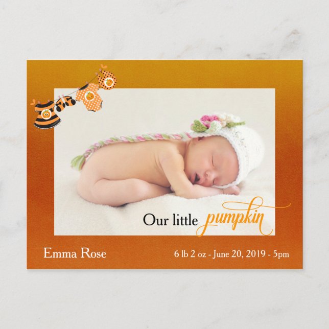Postal Halloween Octubre Anuncio de nacimiento de calabaz (Anverso)