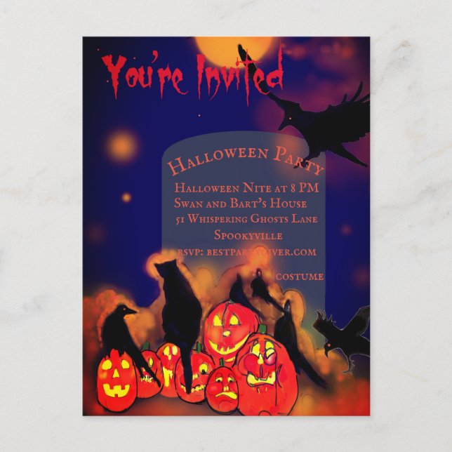 Postal Halloween Party Full Moon Pumpkins Ravens Cat (Anverso)