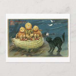Postal Halloween pasado de moda, calabazas y gato negro