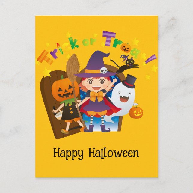 Postal Halloween Personalizado Whimsical Cute Witch Chica (Anverso)