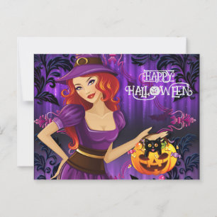Postal Halloween Personalizado Whimsical Cute Witch Purpl
