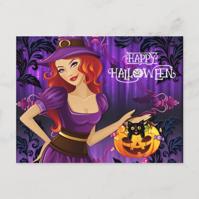Postal Halloween Personalizado Whimsical Cute Witch Purpl (Anverso)
