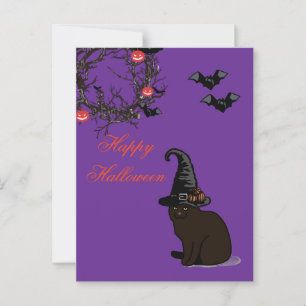Postal Halloween Personalizado Whimsical Funny Cat Purple