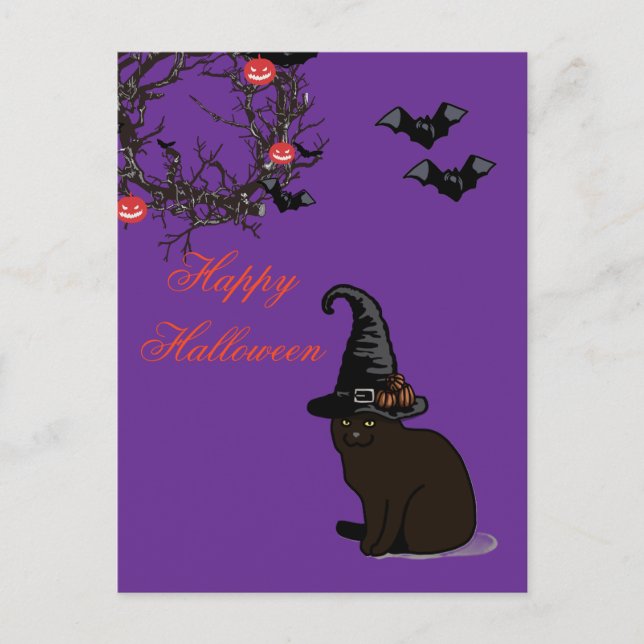 Postal Halloween Personalizado Whimsical Funny Cat Purple (Anverso)
