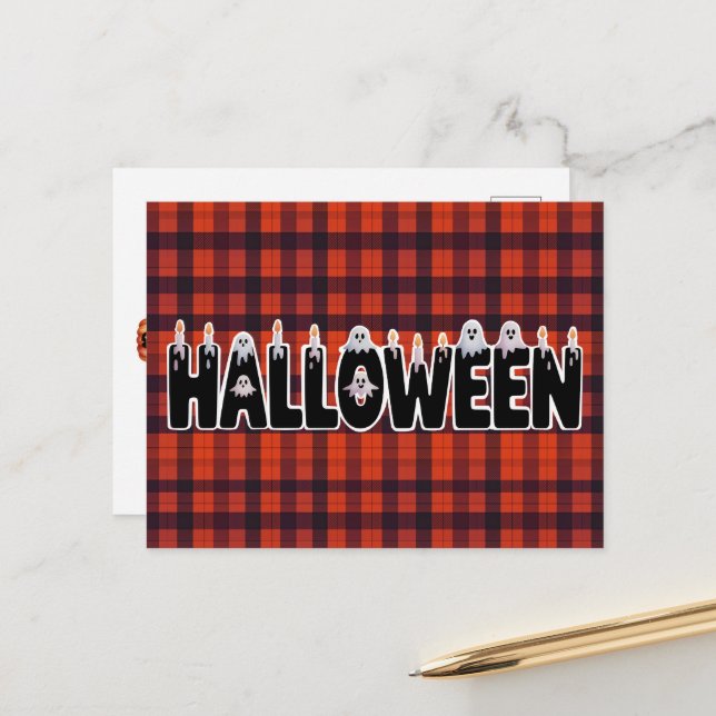 Postal Halloween Plaid Ghost Lettering (Anverso/Reverso In Situ)
