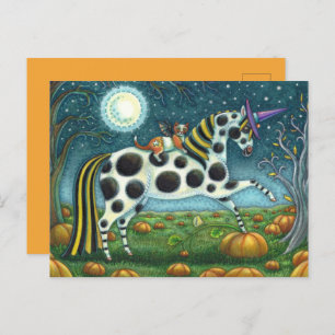 Postal HALLOWEEN PONY Y BAT CAT Whimsical Horse