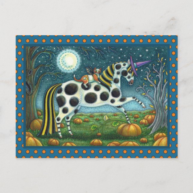 Postal HALLOWEEN PONY Y BAT CAT Whimsical Horse (Anverso)