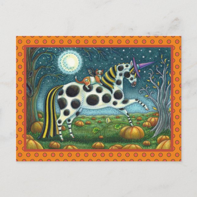 Postal HALLOWEEN PONY Y BAT CAT Whimsical Horse (Anverso)