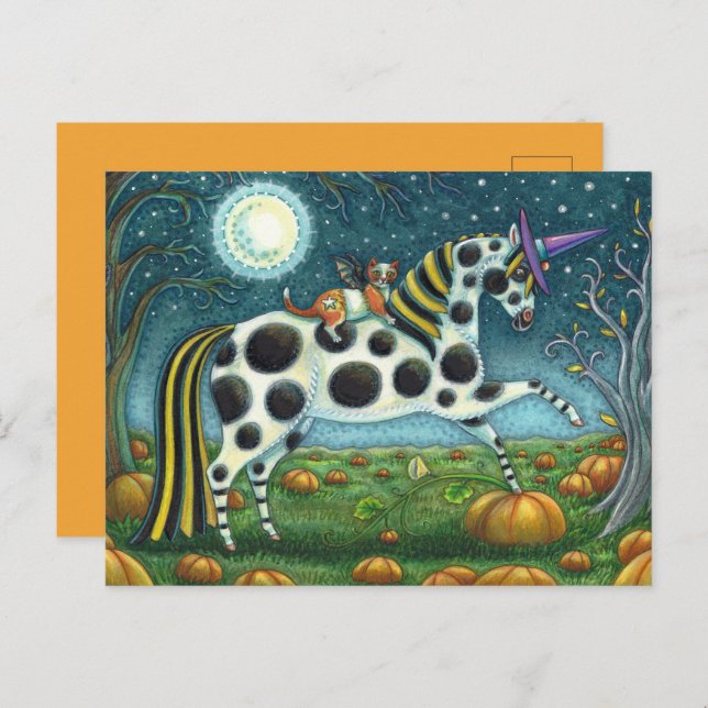 Postal HALLOWEEN PONY Y BAT CAT Whimsical Horse (Anverso / Reverso)