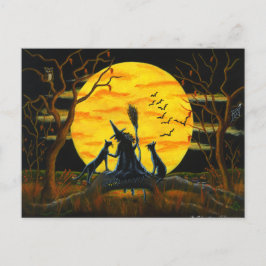 Postal Halloween, postal, bruja, negro, gatos, murciélago