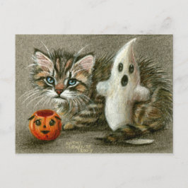 Postal Halloween Postcard Cat Kitten Ghost Pumpkin Art