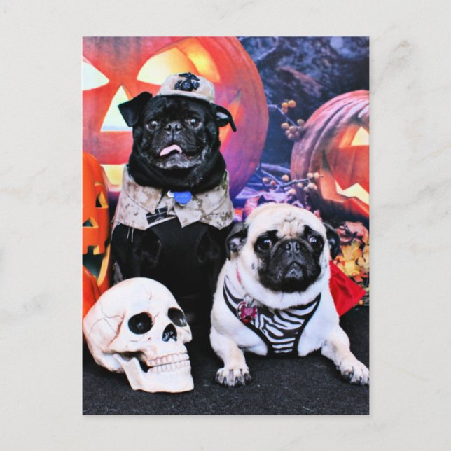 Postal Halloween - Pug - Ruffy y Lola (Anverso)