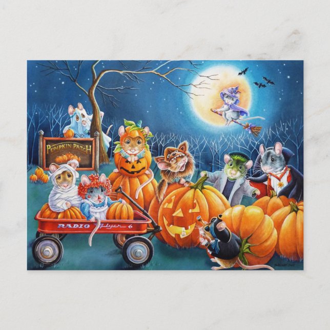 Postal Halloween ratones en arte acuarela de parche de ca (Anverso)
