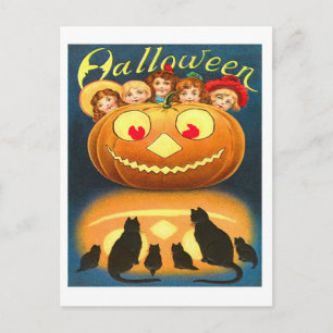 Postal Halloween Retro Vintage Niños y Gatos