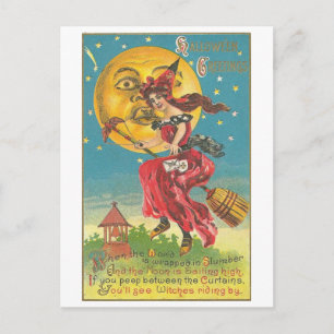Postal Halloween Saluda A Mujer En Broom