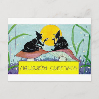 Postal Halloween saluda brujas en hongos
