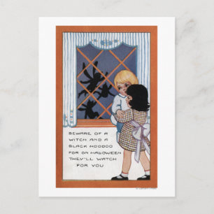 Postal Halloween saludo a las arañas en la ventana