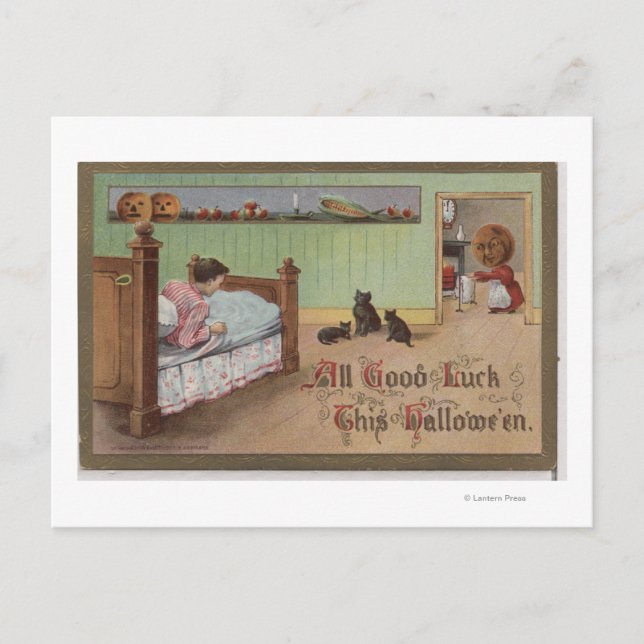 Postal Halloween saludo a niño en cama (Anverso)