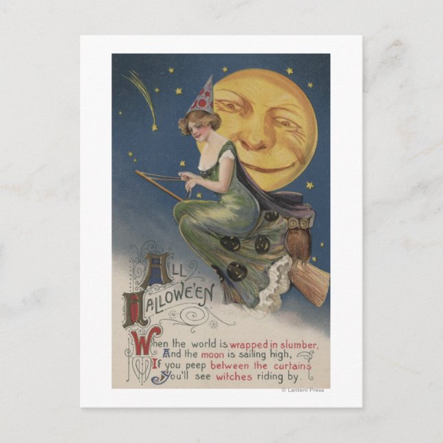 Postal Halloween saludo a Witch en vuelo (Anverso)