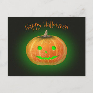 Postal Halloween Spooktacular Calabaza sonríe luz verde