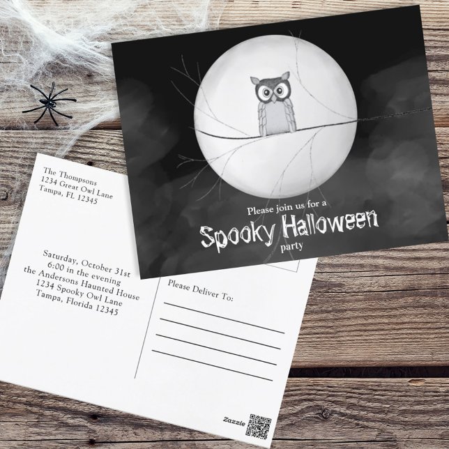 Postal Halloween Spooky Scary Owl Whimsical Fiesta Invita (Subido por el creador)