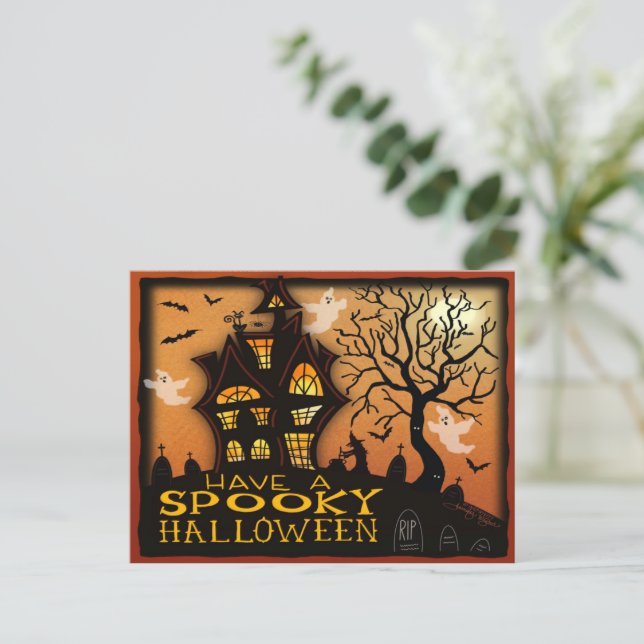 Postal Halloween, una casa embrujada fantasmagórica, fant (Anverso de pie)