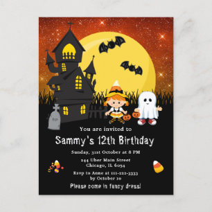 Postal Halloween Vestido Fancy Cumpleaños Bruja Fantasma 