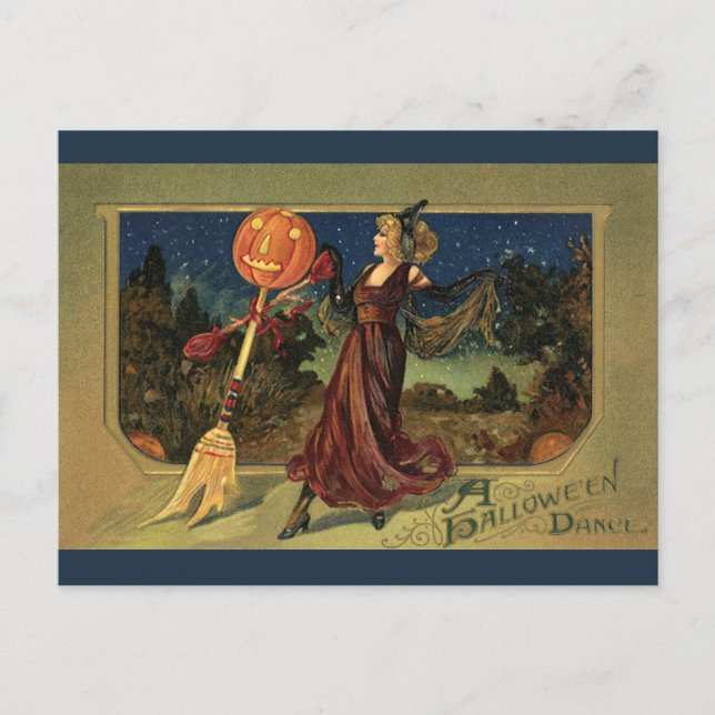 Postal Halloween vintage, bella mujer bailarina (Anverso)