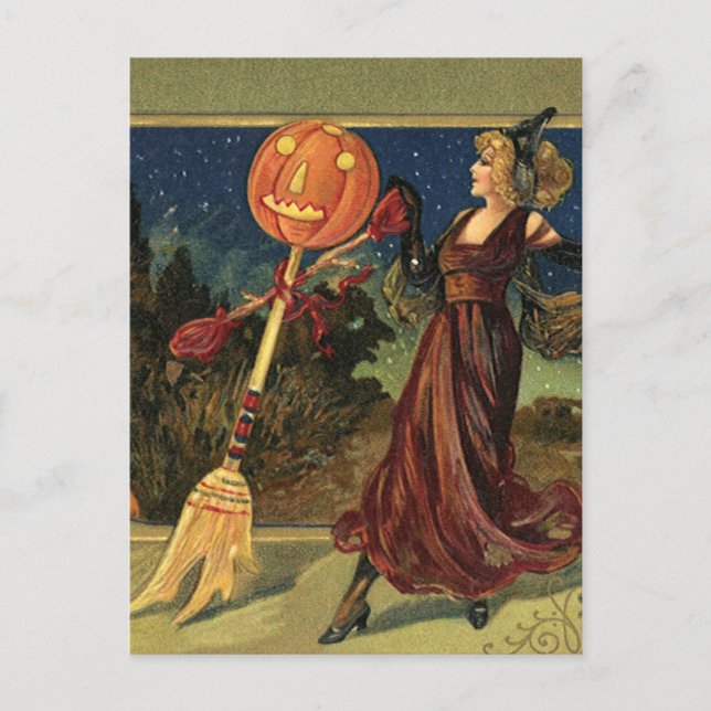 Postal Halloween vintage, bella mujer bailarina (Anverso)