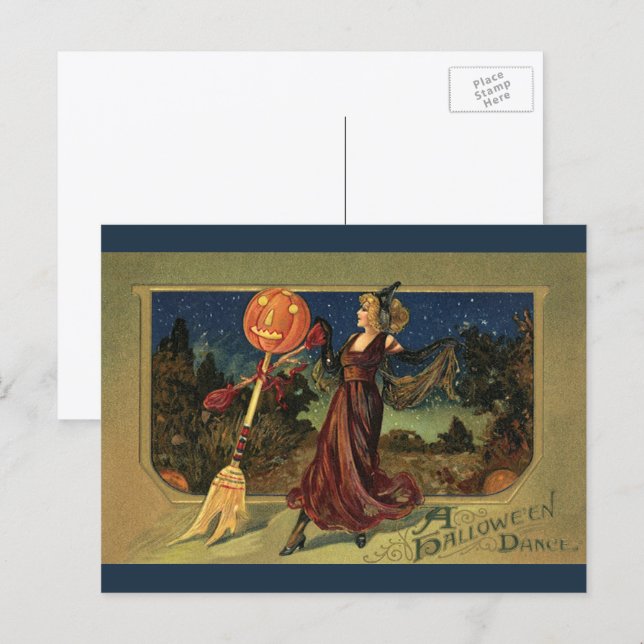 Postal Halloween vintage, bruja bailarina hermosa (Anverso / Reverso)
