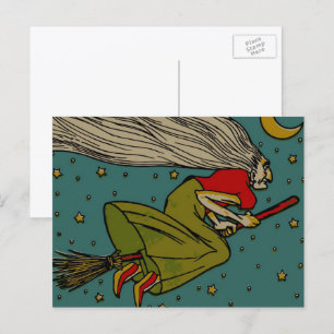 Postal Halloween vintage, bruja malvada volando sobre el 