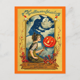 Postal Halloween vintage, Calabaza, Chica, lindo