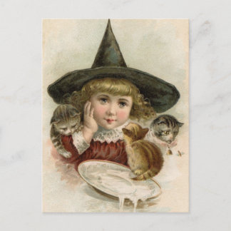 Postal Halloween Vintage Chica Witch Kittens Postcard