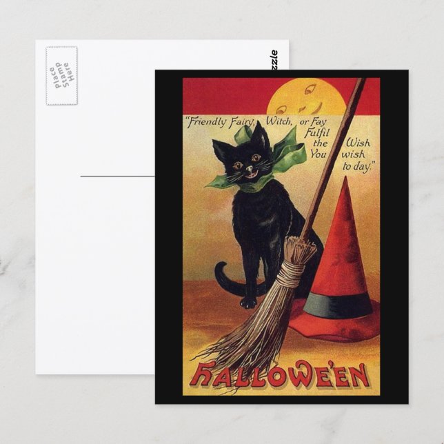 Postal Halloween vintage de Ellen Clapsaddle, gato negro (Anverso / Reverso)