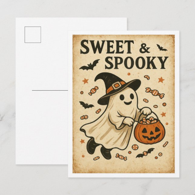Postal Halloween Vintage Dulce y Espeluznante (Anverso / Reverso)