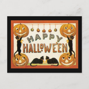 Postal Halloween vintage, gatos negros con farolas