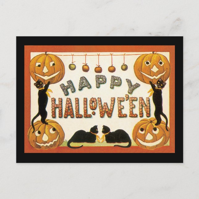 Postal Halloween vintage, gatos negros con farolas (Anverso)