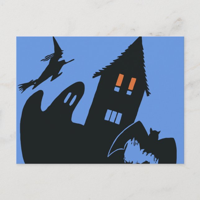 Postal Halloween vintage, Scary Haunted House y Witch (Anverso)