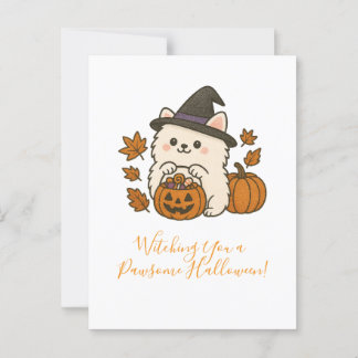 Postal Halloween Wenskaart – Pomeranian met Heksenhoed