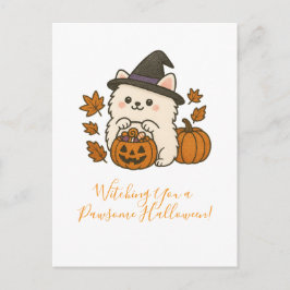 Postal Halloween Wenskaart – Pomeranian met Heksenhoed