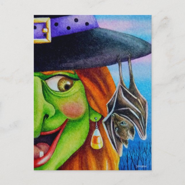 Postal Halloween Witch and Bat Watercolor Art (Anverso)