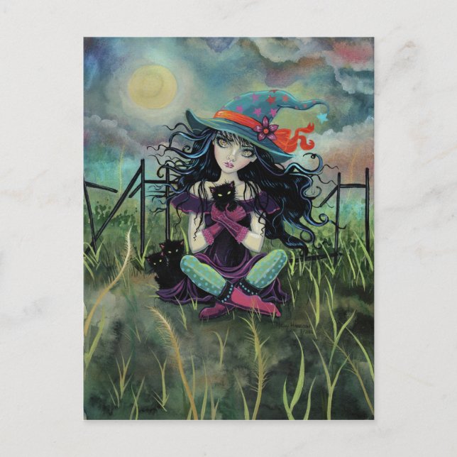 Postal Halloween Witch and Black Cats Fantasy Art (Anverso)