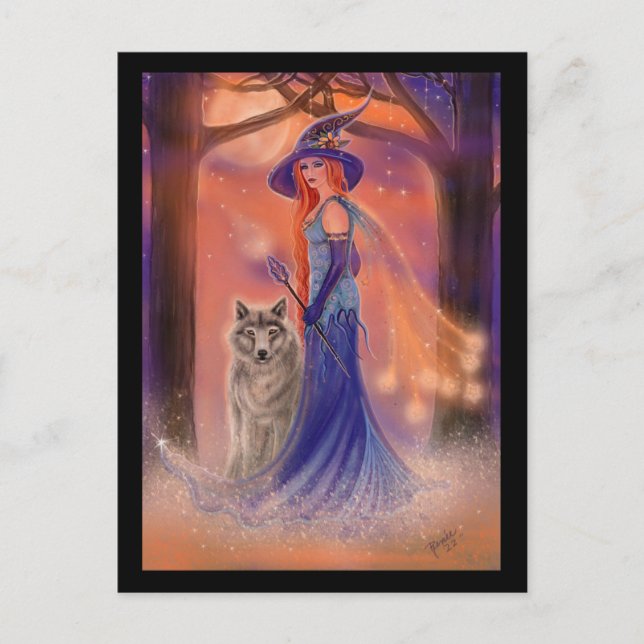 Postal Halloween witch and wolf card by Renee Lavoie (Anverso)