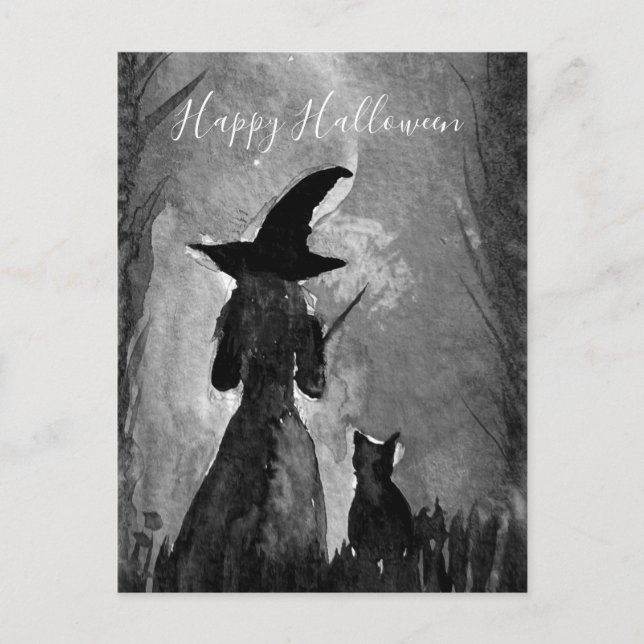 Postal Halloween Witch Black Cat Woman Spelts (Anverso)