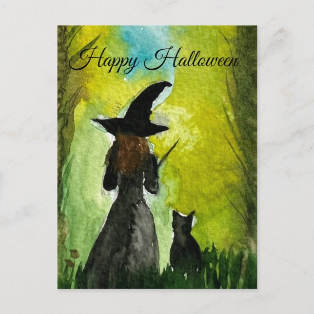 Postal Halloween Witch Black Cat Woman Spelts (Anverso)