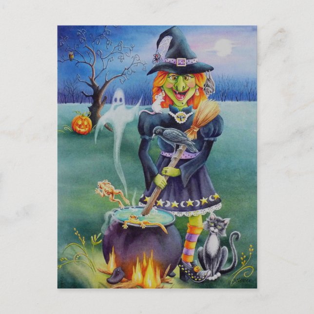 Postal Halloween Witch & Critter Friends Watercolor Art (Anverso)