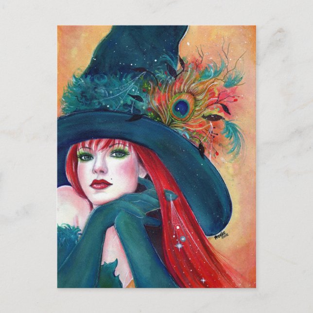 Postal Halloween Witch Feather post card by Renee Lavoie (Anverso)