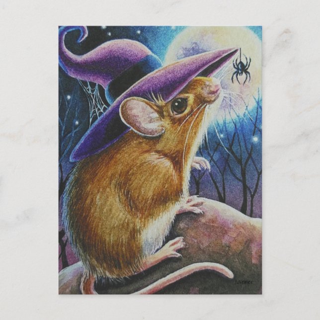 Postal Halloween Witch Field Mouse Spider Watercolor Art (Anverso)