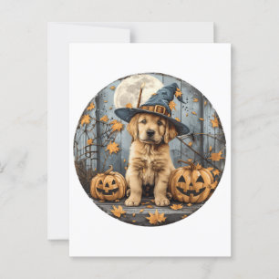 Postal Halloween Witch Golden Retriever Puppy Pumpkins